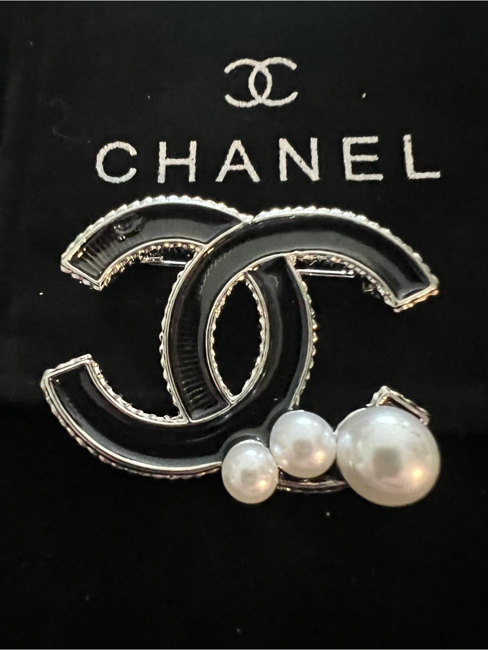 CHANEL Black Enamel Double-C Brooch with Faux Pearls - Picture 6 of 7